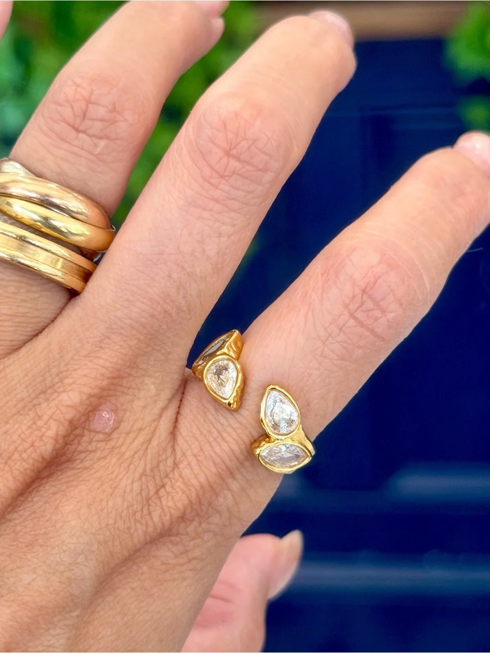 New Gold Tone Front-Opening Teardrop Crystal Cuff Ring — Adjustable Fit US Sizes